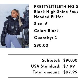 PLT matching black shiny faux fur hooded puffer for skiing/snowboarding.